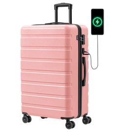 AnyZip Suitcase Hardside PC ABS Lightweight USB Luggage with Wheels TSA Lock Checked-Large 28 Inch Pink