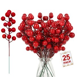 Grandeal 25 Pack Red Berry Stems Waterproof Christmas Picks Sprays for Christmas Tree Decorations Holly Berry Artificial Fruit for Vase Filler DIYs Wreath Crafts Xmas Ornament Wedding Party Home Decor