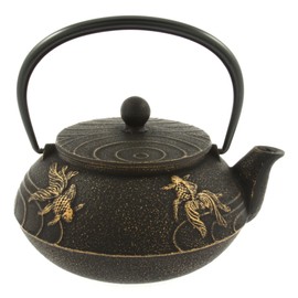 Iwachu Japanese Iron Teapot Tetsubin Gold and Black Goldfish