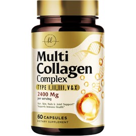 Multi Collagen Peptides 2400mg for Women – Best Hydrolyzed Collagen Complex with 5 Types (I, II, III, V, X) - Grass Fed - Hair, Skin, Nail, Bone & Joint Support for Beauty & Wellness – 60 Capsules