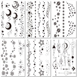 Briyhose Star Flower Temporary Tattoo For Women, Realistic Black Large Moon Snowflake Fake Tattoo Stickers Adult Girl Arm Hand Leg, Line Temp Tatoo Back Waist Thigh Body Art Makeup, 6-Sheet