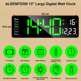 ALEENFOON Digital Wall Clock, 13" Large Digital Clock with Remote Control, Digital Alarm Clock with 2 Alarms/Temperature/Date/Time/Adjustable Brightness/Countdown for Home, Gym, Office(Green)