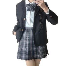 [QOOLY] High School Uniform, School Uniform, Sailor Uniform, JK Uniform, High School Uniform, 5-piece Set, Blazer, Skirt, Check Set, School, Black, S
