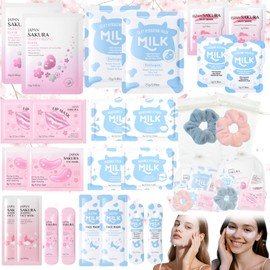28PCS Sleepover Spa Party Supplies Set – Sakura & Milk Skin Care Set for Teenager Girl Gift - Travel Kits Gift Packs with Face Masks, Lip & Eye Masks, Hand Cream – Party Favors, Birthday