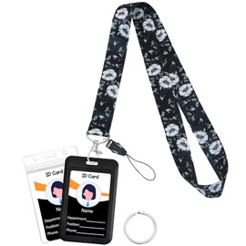 Lukasuo Lanyards for Id Badges Set, Teacher Lanyard with Colorful Badge Holder for Keys,Cute Key Lanyard for Women,Men,ID Card Holder for Office, School, Travel. (Black Peony)