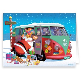 Stonehouse Colletion | Santa Goes Retro | 18 Christmas Cards & Envelopes | Santa's Peace 1960's Peace Bus | USA Made
