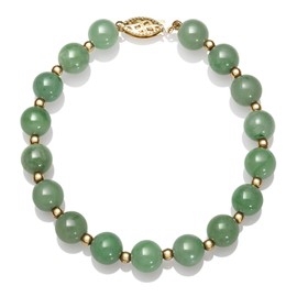 14k Gold Natural Green Jade Bead Bracelet, 7.5"