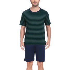 Sopesil Men's Short Set Pyjamas Short Sleeve Cotton Contrast Stripes with Pockets Sleepwear Soft Cosy Lounge Wear for Men S-XXL, dark green, M