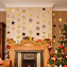 ELOPELY 10 Pack Glitter Star Garland Streamers Banner, Paper Star Banner for Party Decor, 98 Ft Hanging Star Garland for Birthday Graduation Decorations (Golden)