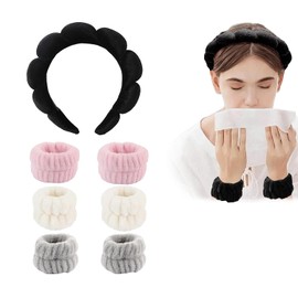 Diademas Faciales de Skincare para Mujer - Juego de 7 Diademas de Maquillaje y Pulsera, Diadema de Esponja para Lavar la Cara, Muñequera para Evitar Derramados