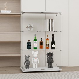 GDJAASJI Display Cabinet with Glass Door and Lock, 3-Shelf Fast Installation Curio Cabinets with 5mm Tempered Glass Floor Standing Bookshelf for Bedroom, Living Room (49" Hx 32" W x 14.3" D, White)