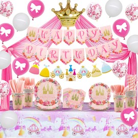 Princess Themed Birthday Party Decorations for kids, Includes Plate Tableware, Crown, Tulle, Banner, Balloons, Tablecloth, for Princess Theme Birthday Party Decorations Serve 20 Guests
