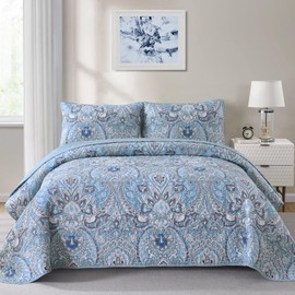 Blue Paisley Quilt Set King Size 3 Pieces Boho Paisley Bedspread Coverlet Set Soft Microfiber Lightweight Bohemian Bedding Set for All Season (King, 104"x90")