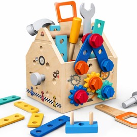 puzgic Educational Stem Kid Toys – Wooden Tool Set 4-in-1 Activity Board with Latches, Screw Assembly, Gear Game & Storage – Pretend Construction Toy for 3, 4,5,6,7 Years Boys & Girls