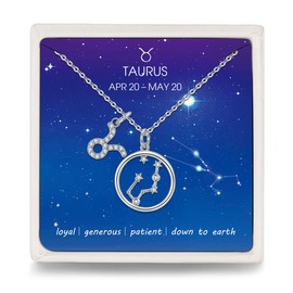 Qings Ladies’ 925 Silver Necklace - 12 Zodiac Sign Pendant with Star - Cubic Zirconia Jewellery for Women and Girls - 44 cm + 3.5 cm Long, Silver