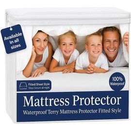 100% Waterproof California King Size Mattress Protector, Premium Fitted Cotton Terry Cover with Stretchable Deep Pockets, Machine Washable White Mattress Cover for Bed