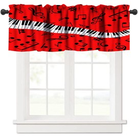 HZOHNAGO - Cortinas con cenefa de ventana de música, notas musicales, patrón de llave de piano, fondo rojo, cortina corta para cocina, sala de estar, baño, ventanas de 54 x 18 pulgadas de ancho
