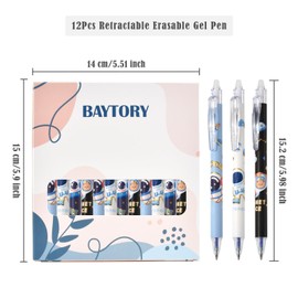 BAYTORY 12Pcs Retractable Erasable Gel Pens, 0.5 mm Fine Point Smooth Writing Eraser Pen, Quick Drying Blue Ink for Office School Note Taking Journaling Supplies (Blue Astronaut Barrel)