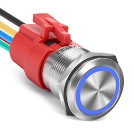 XINYIELE 19MM Latching 12V DC Push Button Switch On/Off,Waterproof Stainless Steel with LED Light Power Button Switch for Marine,0.74" Mounting Hole with Wire Socket Plug Self-Locking(Ring Blue LED)