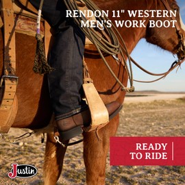 Justin Rendon 11" Western Boot - Men's Round Toe, Cowhide, Removable Orthotic Insole, Slip-Resistant Rubber Outsole, Brown - 13 EE