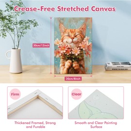 Bowetile Cat with Flowers Paint by Numbers Adult Kit Beginner, Adults Paint by Number Kits on Canvas with Frame, Cats Peinture a Numero Adulte, DIY Acrylic Oil Painting Art Craft Kits, 8x12in