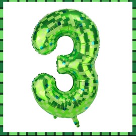 Pixel Number Balloons, 40 Inch Green Large Foil Balloons Game Theme Party Decorations for Anniversary Birthday Kids Boys Girls (Number 3)