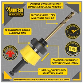 3 x SabreCut HSARB02K1 Qwik-Switch Spring Loaded Fast Change A2 Hole Saw Arbor and M35 Cobalt Drill Bits Kit 11mm HEX Shank Compatible with 32mm to 160mm Hole Saws