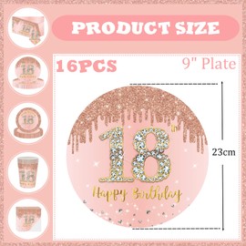Happy 18th Birthday Paper Plates 9" Rose Gold,16Pcs Girls Birthday Party Plates Disposable Tableware,18th Birthday Decorations Plates for Girls,Kids,Her 18th Birthday Party Supplies Table Decorations