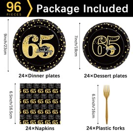 96 Pcs 65th Birthday Party Supplies 65th Birthday Tableware Plates Cheers to 65 Years Table Decorations Dinnerware Happy 65th Birthday Party Favor for Men Woman Sixty-five Years Birthday 24 Guests