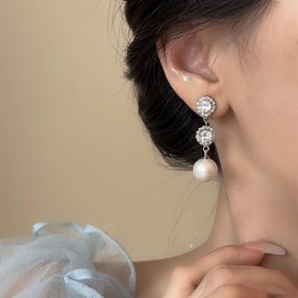 Cimenexe Bohemian Crystal Pearl Drop Earrings Silver CZ Pearl Stud Earrings Baroque Pearl Dangle Earrings Round Rhinestone Pearl Earrings Jewellery for Women, Zinc, No Gemstone