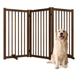 36" H Freestanding Pet Gate, Solid Wood Foldable Dog Gate with Support Feet, Wooden Tall Dog Gate for Doorway, Stairs & Indoor Use, 60" Wide Expandable Pet Fence, 3 Panels, Walnut