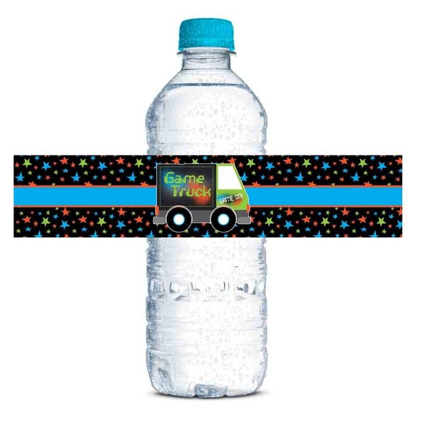 Video Game Truck Birthday Themed Waterproof Water Bottle Sticker Wrappers