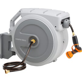 Giraffe Tools 5/8'' Retractable Garden Hose Reel 90FT Wall Mounted, Heavy Duty, Auto Rewind System, Any Length Lock, 180° Swivel Bracket with 9 Pattern Nozzle, Light Grey