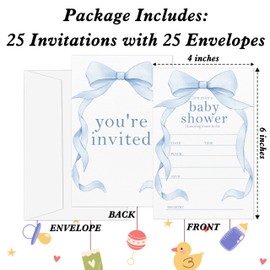 Gsauto Baby Shower Invitations for Boy, Bowknot Invitation Cards for Party Favor Decorations, 25 Blue Bow Double-Sided Gender Reveal Invites with Envelopes -A03