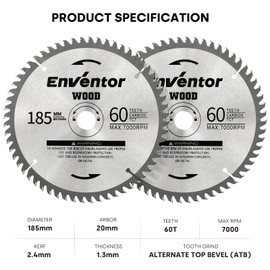 Enventor 2PCS Circular Saw Blades, 185mm* 20mm Bore *60T, TCT Saw Blade for Wood Cutting, Compatible with 76332L, 76343L, 76301, SGCS1400