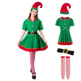 Muimray - Disfraz de elfo de Navidad para niños pequeños, niñas, disfraz de Papá Noel, 4 piezas, traje de cosplay, ropa de Navidad, regalo (niña, 5-6T)