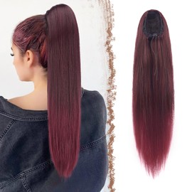 FESHFEN Straight Ponytail Extensions Long Drawstring Pony Tails Natural Synthetic Hairpiece Clip in Ponytails Hairpieces for Women, Black Ombre Red 24 inch