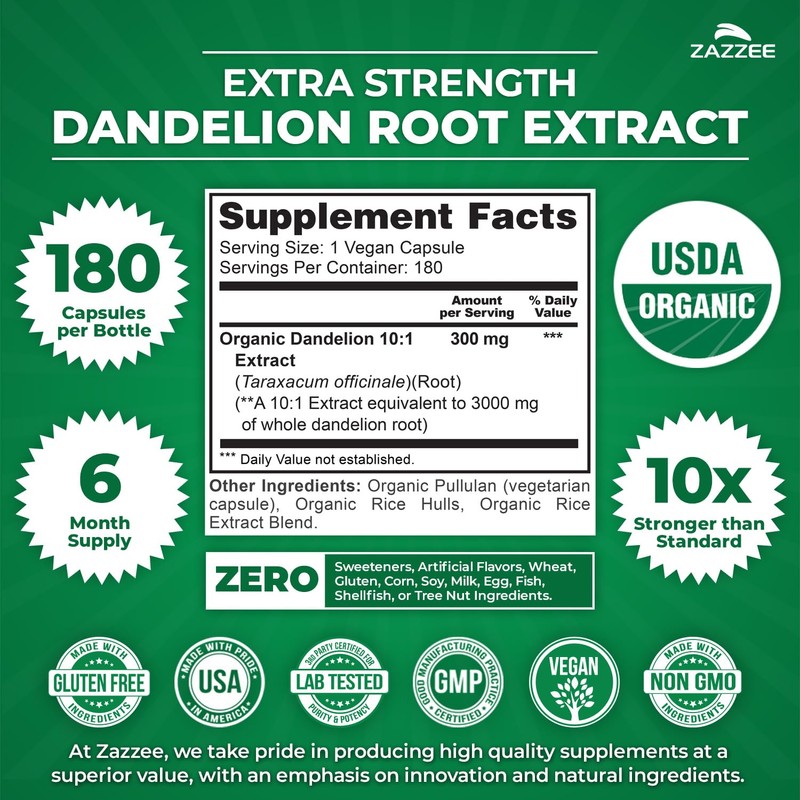 Zazzee USDA Organic Dandelion Root 10:1 Extract, 180 Capsules, 6