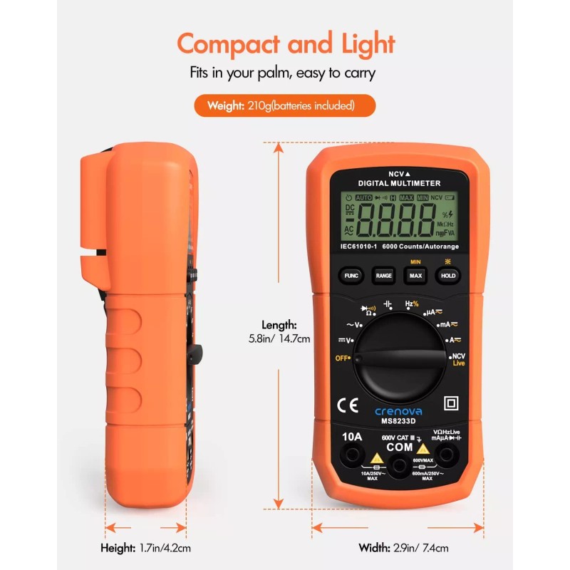 Crenova MS8233D Digital Multimeter DC AC Voltmeter Ohm Volt Amp