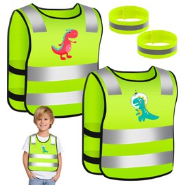 ZOCONE Pack of 2 Children's Safety Vests with Reflective Bands, Neon Yellow Safety Vest, Car Children's Safety Vest, Dinosaur Reflective Vest for Car, Bicycle