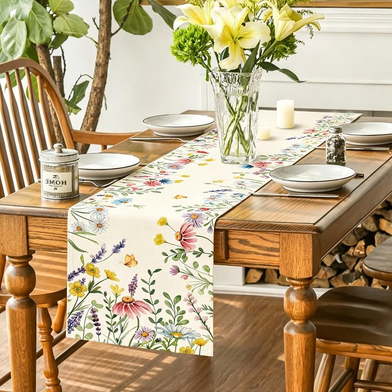 RABUSOFA Lavender Daisy Floral Summer Table Runner,Seasonal Spring Kitchen Dining