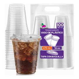 Berry Bloom 100 Vasos Desechables PET Transparentes 16 Oz (473 ml) Con Tapa Boquilla, Resistentes, Libres De BPA, Reciclables, Aptos Para Sellado