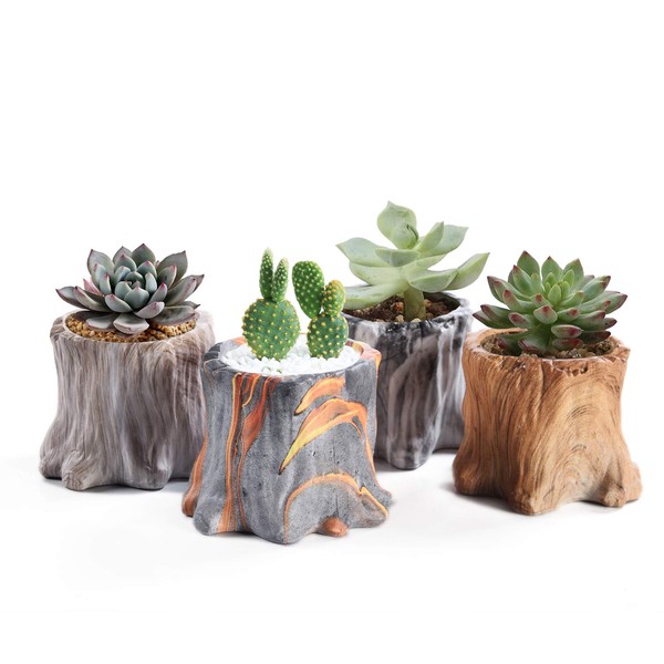 2CFUN Succulent Planter Pots Small Ceramic Flower Cactus Pots Set 4 Pack Tree Stump Succulent Pots with Drainage Bonsai Pots 4.33 Inch Gift for Home Decor Indoor Outdoor