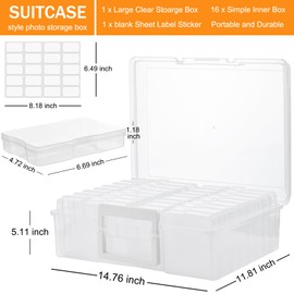 ALINK Photo Storage Box with Handle, 4" x 6" Photo Organizer Storage Container with 16 Inner Case and 1 Sheet Label for Pictures, Arts, Crafts, Sewing, Stickers, Seeds, Office Supplies - Clear