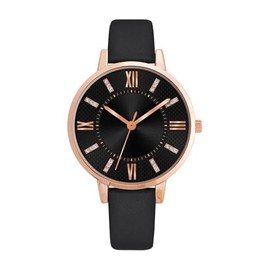 NUOVO Elegant Ladies Watch with Black Leather Strap, Diamond Dial and Rose Gold Accents, black, Modern