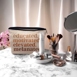 Nogrit African American Gifts,Black Women Girls Gifts,Black Women Makeup Bag Cosmetic Bag,Educated Motivated Elevated Melanated Melanin Makeup Travel Toiletry Bag,gifts for African American women