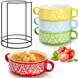 Acshio Set of 4 Ceramic Soup Bowls with Handles, 20 Oz Multicolor French Onion Soup Bowls with Organizer Rack, Stackable Soup Serving Crock for Beef Stew, Pasta, Cereal, Pot Pies