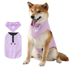 Dog Tuxedo Suit and Bandana Set Boy Dog Prince Bow Tie Shirt Formal Dog Wedding Attire for Large Medium Dogs (Lavender,Large)