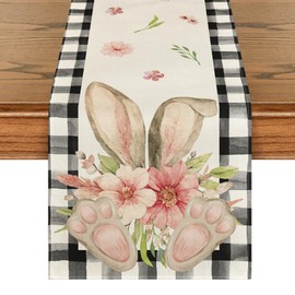 Artoid Mode Buffalo Plaid Bunny Ear Foot Flower Easter Table Runner, Seasonal Spring Kitchen Dining Table Decoration for Home Party Decor 13x48 Inch