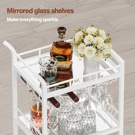 TUTOTAK Bar Cart, Home Bar Serving Cart with 3-Tier Mirrored Shelf, Wine Cart, Drink Cart, Mobile Kitchen Shelf, Rolling Beverage Cart, White BC01BW034